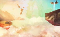 Size: 1600x1000 | Tagged: safe, artist:fedte, fluttershy, g4, cloud, female, floating island, scenery, solo, stairs, tree, waterfall