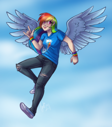 Size: 961x1097 | Tagged: safe, artist:chebits, rainbow dash, human, g4, converse, devil horn (gesture), flying, humanized, shoes, winged humanization