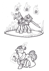 Size: 3200x4592 | Tagged: safe, artist:foldawaywings, night light, twilight velvet, pony, g4, armor, badass, black and white, caption, comic, duo, female, grayscale, guard, headcanon in the description, ink drawing, magic, magic circle, male, mare, monochrome, prehensile tail, robes, royal guard, scroll, simple background, spy, stallion, sword, tail hold, telekinesis, traditional art, white background, younger
