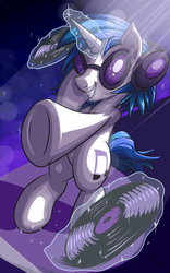 Size: 1250x2000 | Tagged: safe, artist:dappercat-uk, dj pon-3, vinyl scratch, pony, g4, bipedal, female, grin, headphones, magic, record, smiling, solo, telekinesis, underhoof