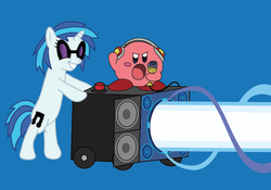 Size: 881x616 | Tagged: safe, artist:thetacticalpoptart, dj pon-3, vinyl scratch, pony, puffball, g4, bass cannon, bipedal, bipedal leaning, crossover, grin, kirby, kirby (series), microphone, nintendo, smiling, xk-class end-of-the-world scenario