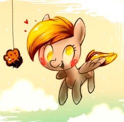 Size: 700x690 | Tagged: safe, artist:kchak, derpy hooves, pegasus, pony, g4, blushing, cloud, female, fishing rod, heart, mare, muffin, solo, that pony sure does love muffins