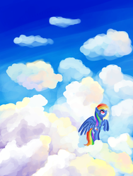 Size: 1200x1600 | Tagged: safe, artist:fahu, rainbow dash, pony, g4, cloud, cloudy, female, looking up, mare, rearing, sky, solo, spread wings, wings