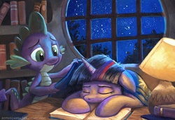 Size: 931x637 | Tagged: safe, artist:kenket, artist:spainfischer, spike, twilight sparkle, dragon, pony, unicorn, g4, blanket, book, bookshelf, desk, eyes closed, female, lamp, male, mare, night, painting, sleeping, smiling, starry night, traditional art, tree, wholesome, window
