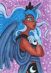 Size: 421x600 | Tagged: safe, artist:nickyflamingo, princess luna, human, g4, dark skin, female, horn, horned humanization, humanized, solo, traditional art, winged humanization