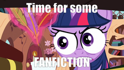 Size: 1203x682 | Tagged: safe, twilight sparkle, g4, fanfic, funny, image macro, special eyes, twilight loves fanfiction