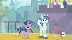 Size: 637x353 | Tagged: safe, screencap, shining armor, twilight sparkle, a canterlot wedding, g4, bbbff, bedroom eyes, filly, hub logo, out of context, royal guard, teenage shining armor, teenager, twily face