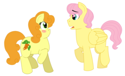 Size: 2884x1757 | Tagged: safe, artist:strawberry-spritz, carrot top, fluttershy, golden harvest, earth pony, pegasus, pony, g4, blush sticker, blushing, butterscotch, female, half r63 shipping, looking at each other, male, mare, open mouth, raised hoof, rule 63, ship:fluttertop, shipping, simple background, stallion, transparent background