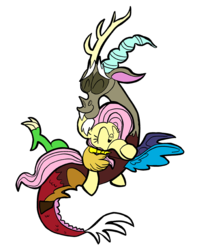 Size: 727x900 | Tagged: safe, artist:joeywaggoner, discord, fluttershy, g4, duo, female, happy, hug, male, simple background, smiling, transparent background