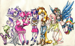 Size: 5152x3186 | Tagged: safe, artist:kaitlyn23, applejack, fluttershy, pinkie pie, rainbow dash, rarity, spike, twilight sparkle, g4, converse, horn, horned humanization, humanized, mane seven, mane six, shoes, tailed humanization, winged humanization