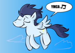 Size: 1000x700 | Tagged: safe, artist:benja, soarin', g4, flying, male, music notes, singing, solo, speech bubble, ymca