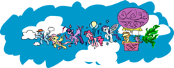 Size: 3198x1255 | Tagged: safe, artist:mrasianhappydude, applejack, fluttershy, pinkie pie, rainbow dash, rarity, spike, twilight sparkle, alicorn, pony, g4, alicornified, female, flying, hot air balloon, line-up, mane seven, mane six, mare, race swap, raricorn, twilight sparkle (alicorn), wings