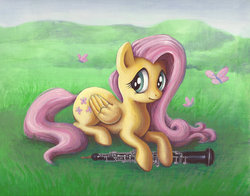 Size: 1024x803 | Tagged: safe, artist:speedlimit-infinity, fluttershy, butterfly, pegasus, pony, g4, female, grass, grass field, looking at you, lying down, mare, musical instrument, oboe, prone, smiling, solo