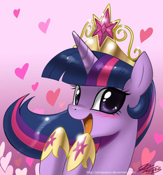 Size: 800x860 | Tagged: safe, artist:johnjoseco, twilight sparkle, alicorn, pony, g4, big crown thingy, blushing, crown, cute, female, happy, heart, hoof shoes, jewelry, mare, open mouth, pretty princess, regalia, smiling, solo, twiabetes, twilight sparkle (alicorn)