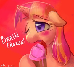 Size: 1280x1164 | Tagged: safe, artist:surgicalarts, sweetcream scoops, pony, unicorn, g4, 30 minute art challenge, brain freeze, female, food, ice cream, licking, mare, pain, red background, simple background, solo, suggestive eating, text, tongue out