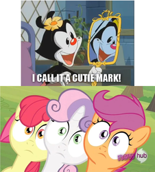 Size: 651x720 | Tagged: safe, apple bloom, scootaloo, sweetie belle, g4, animaniacs, cutie mark crusaders, dot warner, hilarious in hindsight, image macro, wakko's wish