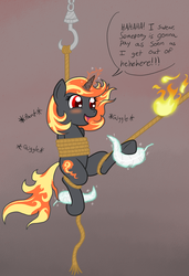 Size: 800x1172 | Tagged: safe, artist:darkknighthoof, artist:varikki, oc, oc only, oc:incendia, pony, unicorn, fanfic:antipodes, blushing, bondage, colored, feather, female, fire, hoof fetish, hoof tickling, hooves, mare, rope, rope bondage, ropes, solo, suspended, tickle torture, tickling