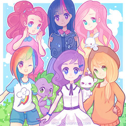 Size: 800x800 | Tagged: safe, artist:ieafy, angel bunny, applejack, fluttershy, opalescence, pinkie pie, rainbow dash, rarity, spike, twilight sparkle, g4, book, clothes, gem, humanized, mane seven, mane six, off shoulder, sweater, sweatershy