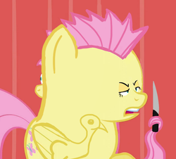 Size: 602x544 | Tagged: safe, fluttershy, g4, faic, knife, wat, woll smoth