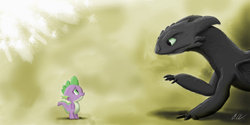 Size: 1024x512 | Tagged: safe, artist:dashketch, spike, dragon, night fury, g4, crossover, dreamworks, how to train your dragon, toothless the dragon
