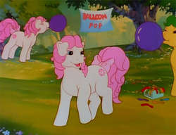 Size: 400x307 | Tagged: safe, screencap, baby sundance, magic star, sundance, earth pony, pony, g1, my little pony: the movie (g1), adorablestar, baby, baby pony, baby sundawwnce, balloon, balloon pop, balloon popping, blowing up balloons, bow, cute, eyes closed, female, filly, foal, looking at you, mate, open mouth, open smile, party, party balloon, pink bow, smiling, smiling at you, sundawwnce, theme song