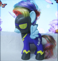 Size: 600x626 | Tagged: safe, rainbow dash, g4, brushable, clothes, costume, irl, photo, shadowbolt dash, shadowbolts, shadowbolts costume, solo, toy