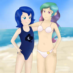 Size: 1512x1512 | Tagged: safe, artist:zekromlover, princess celestia, princess luna, human, g4, beach, belly button, bikini, clothes, humanized, one-piece swimsuit, swimsuit, younger