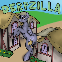 Size: 1024x1024 | Tagged: safe, artist:omnifob, derpy hooves, pegasus, pony, g4, balcony, bipedal, building, bush, derpyzilla, derpzilla, female, flower, folded wings, giant derpy hooves, house, macro, mare, ponyville, road, scrunchy face, towel, window, wings