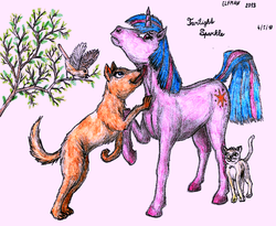 Size: 1184x970 | Tagged: safe, artist:elfman83ml, twilight sparkle, bird, cat, dog, g4, licking, traditional art