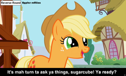 Size: 1600x973 | Tagged: safe, applejack, comic:celestia's servant interview, g4, caption, interview, meta