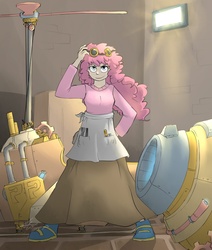 Size: 1650x1950 | Tagged: safe, artist:stupidyou3, pinkie pie, human, g4, apron, building, clothes, female, humanized, long skirt, looking at you, party cannon, skirt, solo, steampunk, steampunk is magic, wrench