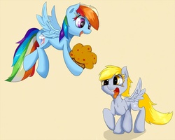 Size: 1000x800 | Tagged: safe, artist:zokkili, derpy hooves, rainbow dash, pegasus, pony, g4, duo, female, mare, muffin