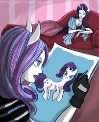 Size: 806x998 | Tagged: safe, artist:miova, rarity, pony, anthro, g4, catrina demew, clothes, crossover, draw me like one of your french girls, drawing, duo, female, gloves, human facial structure, monster high