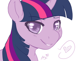 Size: 892x717 | Tagged: safe, artist:mlpfwb, twilight sparkle, pony, unicorn, g4, female, heart, lidded eyes, looking at you, mare, portrait, smiling, solo, speech bubble
