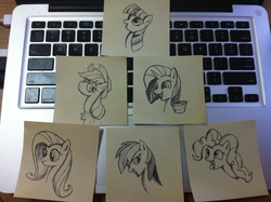 Size: 2592x1936 | Tagged: safe, applejack, fluttershy, pinkie pie, rainbow dash, rarity, twilight sparkle, g4, computer, laptop computer, macbook, macintosh (computer), mane six, paper, pencil drawing, sticky note, traditional art