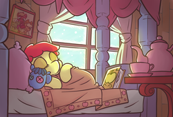 Size: 1400x950 | Tagged: safe, artist:lywings, apple bloom, smarty pants, earth pony, pony, g4, adorabloom, bed, book, cute, day, female, filly, foal, lying down, lying on bed, on bed, photo, sleeping, snow, snowfall, teacup, teapot, window