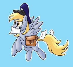 Size: 864x796 | Tagged: safe, artist:lordstevie, derpy hooves, pegasus, pony, g4, bag, female, flying, hat, letter, mail, mailbag, mailmare, mailpony, mare, mouth hold, muffin, saddle bag, solo