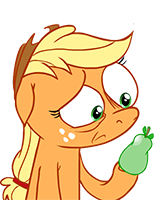 Size: 160x200 | Tagged: safe, artist:hotdiggedydemon, applejack, earth pony, pony, g4, female, hilarious in hindsight, jappleack, lowres, pear, simple background, solo, that pony sure does hate pears, transparent background