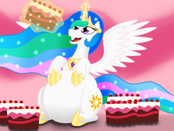 Size: 1280x960 | Tagged: safe, artist:8aerondight8, princess celestia, alicorn, pony, g4, belly, big belly, cake, cakelestia, chubbylestia, fat, fat princess, sparkles, that pony sure does love cakes