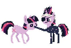 Size: 354x240 | Tagged: safe, artist:cutebrows, twilight sparkle, g4, it's about time, animated, female, future twilight, hoof in mouth, multeity, pixel art, scene interpretation, simple background, solo, talking, transparent background