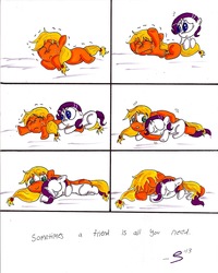 Size: 1696x2116 | Tagged: safe, artist:storypony, applejack, rarity, g4, nightmare, ship:rarijack, shipping, sleeping