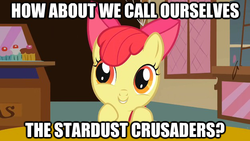 Size: 625x353 | Tagged: safe, apple bloom, earth pony, pony, g4, female, filly, image macro, jojo's bizarre adventure, meme, smiling, solo, stardust crusaders