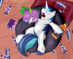 Size: 960x768 | Tagged: safe, artist:frist44, edit, princess cadance, shining armor, spike, g4, alcohol, beer, booze, bottle, bromance, can, energy drink, four loko, jack daniels, lazy, magazine, messy, sleeping, zima