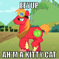 Size: 477x480 | Tagged: safe, edit, edited screencap, screencap, big macintosh, cat, earth pony, pony, g4, season 2, the super speedy cider squeezy 6000, animated, behaving like a cat, cropped, cute, eeyup, goggles, image macro, macabetes, male, solo, stallion, sweat, sweet apple acres, trotting, trotting in place