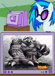 Size: 878x1200 | Tagged: safe, dj pon-3, vinyl scratch, g4, bunagi, exploitable meme, kaiju combat, tv meme