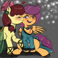 Size: 900x900 | Tagged: safe, artist:allosaurus, artist:kevinsano edits, edit, apple bloom, scootaloo, g4, cheek kiss, dressup, female, kissing, lesbian, nuzzling, ship:scootabloom, shipping