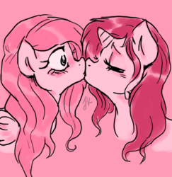 Size: 400x411 | Tagged: dead source, safe, artist:partapotso, fluttershy, rarity, pegasus, pony, unicorn, g4, blushing, duo, eyes closed, female, kiss on the lips, kissing, lesbian, mare, monochrome, pink, ship:flarity, shipping