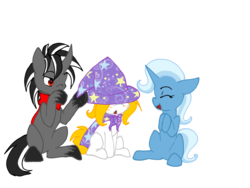Size: 1024x768 | Tagged: safe, artist:thamutt, trixie, oc, oc:frolic, oc:rayo, g4, clothes, hat, laughing, scarf