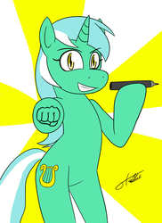 Size: 1027x1411 | Tagged: safe, artist:otakon, lyra heartstrings, pony, unicorn, g4, abstract background, bipedal, female, fist, fist bump, grin, hand, hoofbump, looking at you, marker, smiling, solo