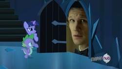 Size: 854x480 | Tagged: safe, spike, twilight sparkle, g4, my little pony: friendship is magic, the crystal empire, doctor who, eleventh doctor, exploitable meme, meme, tardis, the scary door